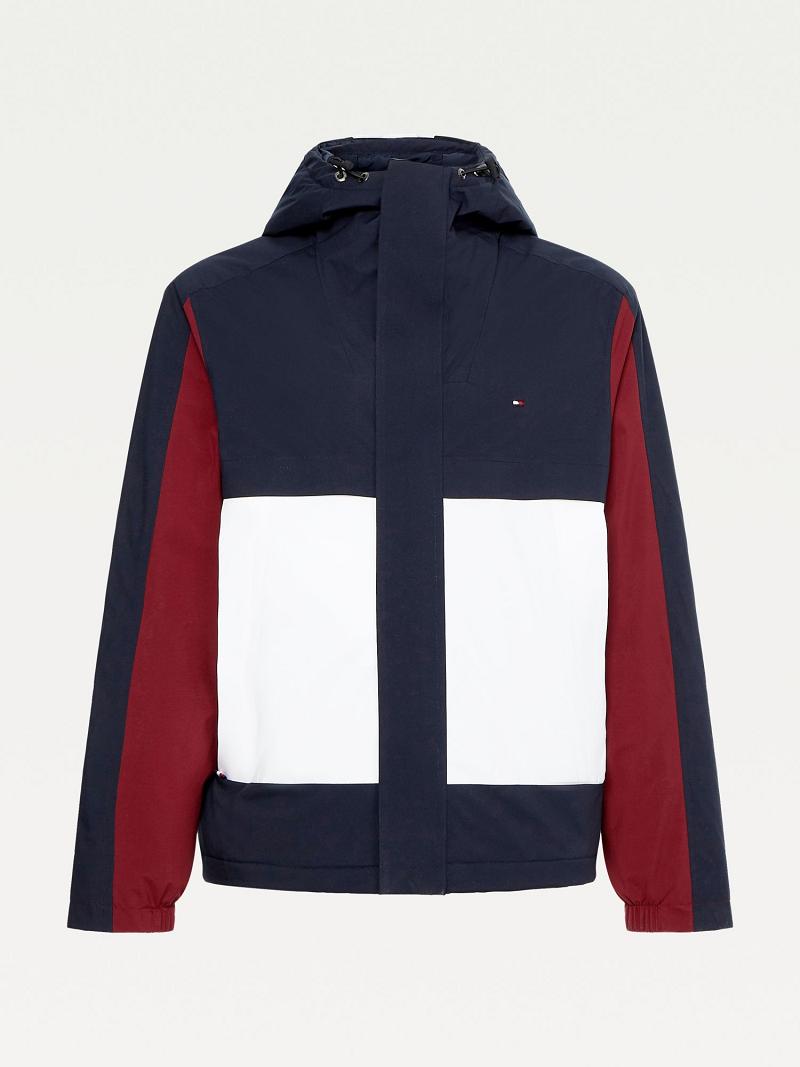 Férfi Tommy Hilfiger Recycled hooded colorblock Kabát Sötétkék Piros Fehér | HU 1199PJJ